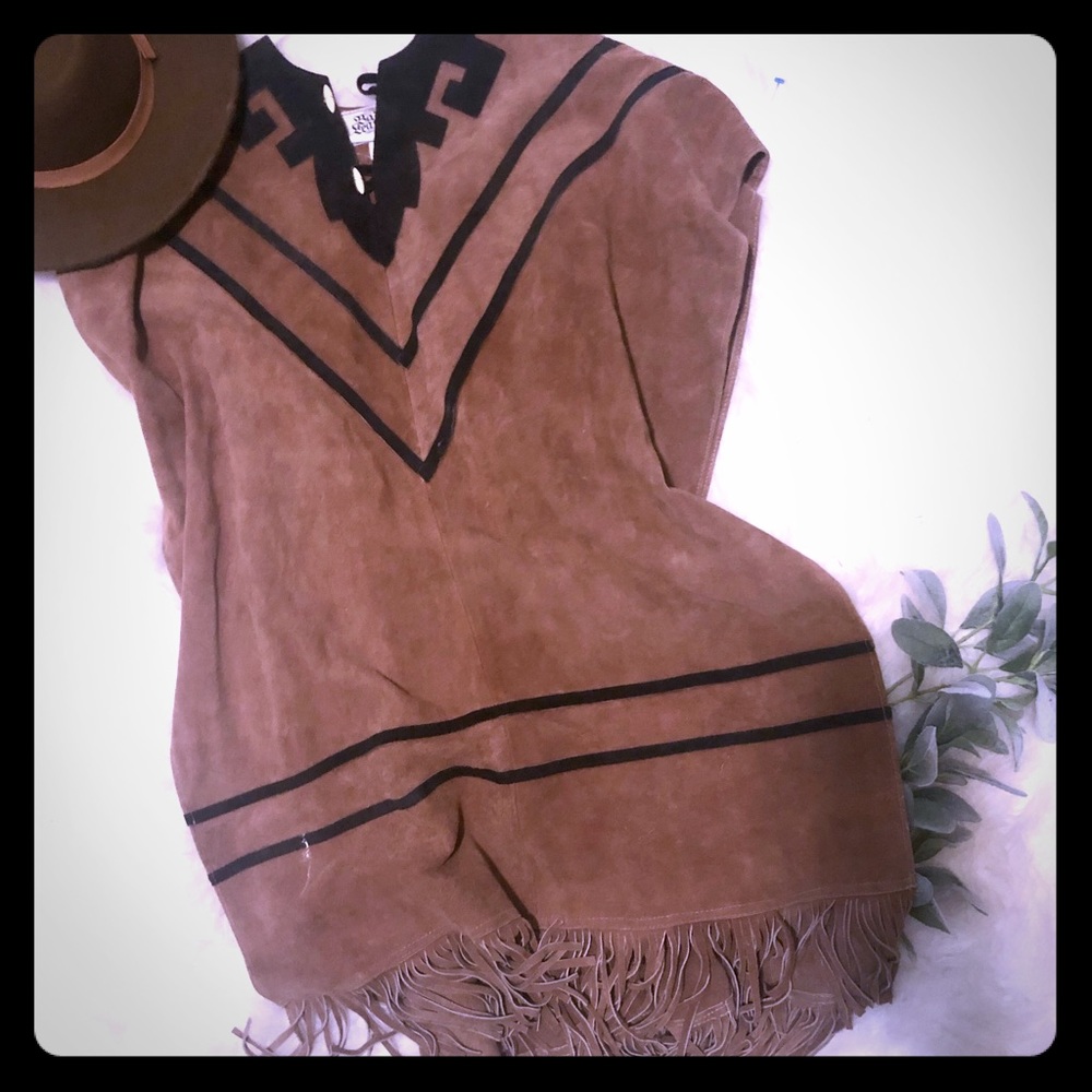 Real leather long poncho